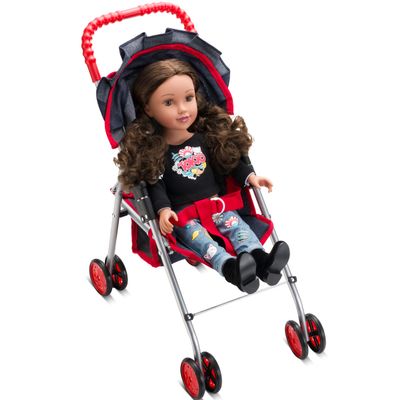 Baby Doll Strollers for Toddlers 3 Years and up, Foldable Toy Stroller for Dolls with Storage Basket & Adjustable Canopy - Denim Blue & Red