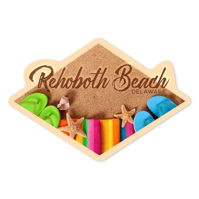 Die Cut Sticker Rehoboth Beach, Delaware, Flip Flops on Beach, Vinyl Sticker, (Waterproof Decal for Cars, Water Bottles, Laptops, Coolers), Large