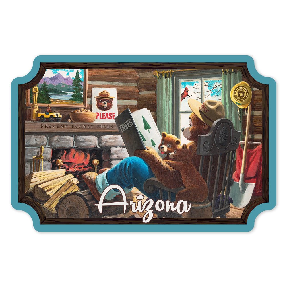 Die Cut Sticker Arizona, Smokey Bear Reading, Vintage Artwork Vinyl Sticker, (Waterproof Decal for Cars, Water Bottles, Laptops, Coolers), Large