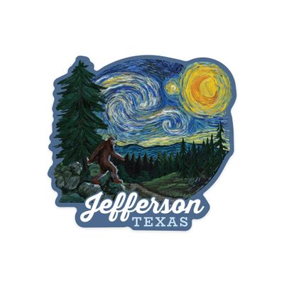 Lantern Press Sticker Jefferson, Texas, Bigfoot Starry Night, Die Cut Vinyl, (Waterproof Decal for Cars, Water Bottles, Laptops, Coolers), Small