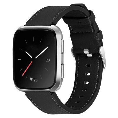 TryBest Leather Bands for Fitbit Versa Lite, Soft Leather Wristband with Metal Buckle Adjustable Replacement Strap 5.5-8.1 inch for Women Men Compatible for Fitbit Versa/Versa 2/Versa Lite - Black