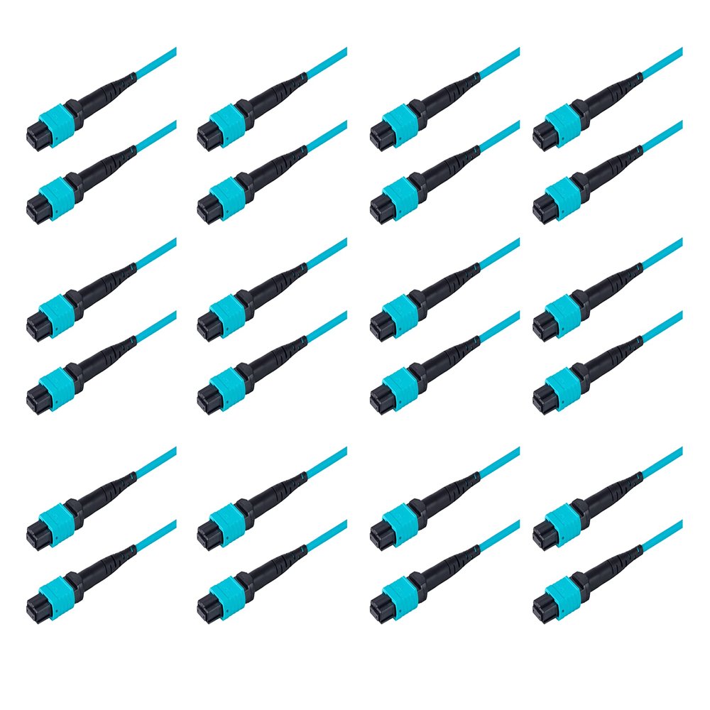 SpeedyFiberTX 12-Pack 1 Foot 8 Fiber Low Loss MPO Trunk Cable for 40G QSFP+ SR4/CSR4, 100G QSFP28 SR4, 200G QSFP56 SR4 Transceivers| Type-B Polarity| OM4 Fiber| 3.0mm Aqua Plenum OFNP Jacket