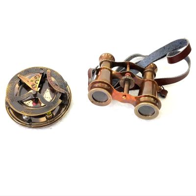 2 Piece Size 4 inch Brass Pocket Monocular Binocular Brass Telescope Binocular Telescope Copper Antique Golden Polish Size 2.05 inch Compass Sundial