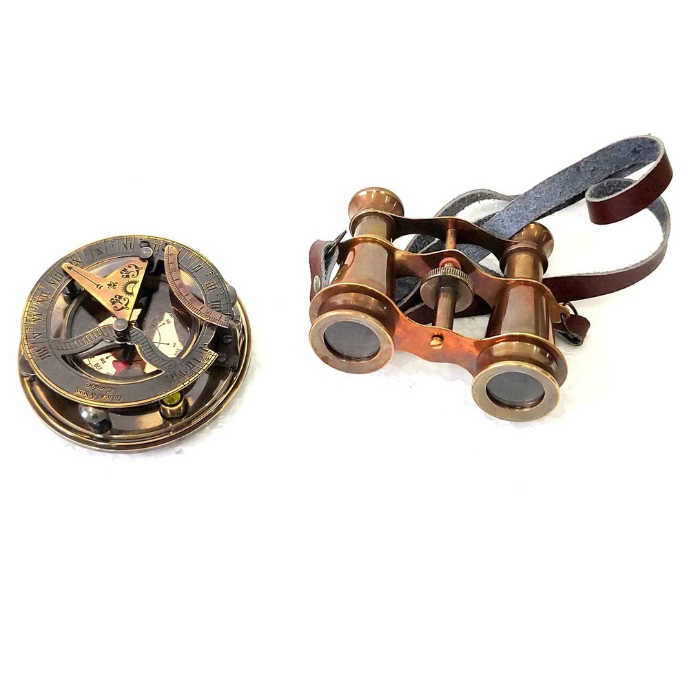 2 Piece Size 4 inch Brass Pocket Monocular Binocular Brass Telescope Binocular Telescope Copper Antique Golden Polish Size 2.05 inch Compass Sundial