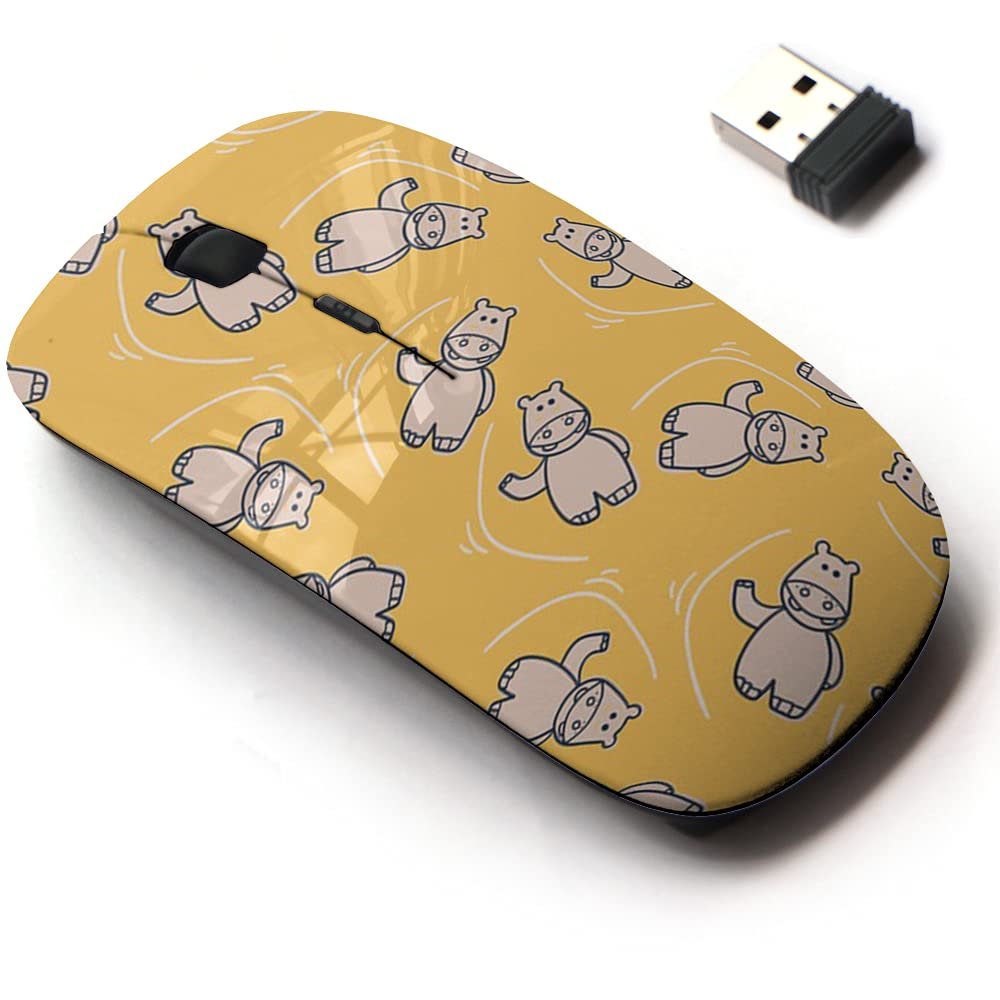 2.4G Wireless Mouse with Cute Pattern Design for All Laptops and Desktops with Nano Receiver - Childish Handdrawn Hippopotamus