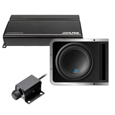 Alpine KTA-200M Mono Power Pack Amplifier with S-SB10V 10 Inch Subwoofer Enclosure and RUX-KNOB.2 Remote Bass Knob