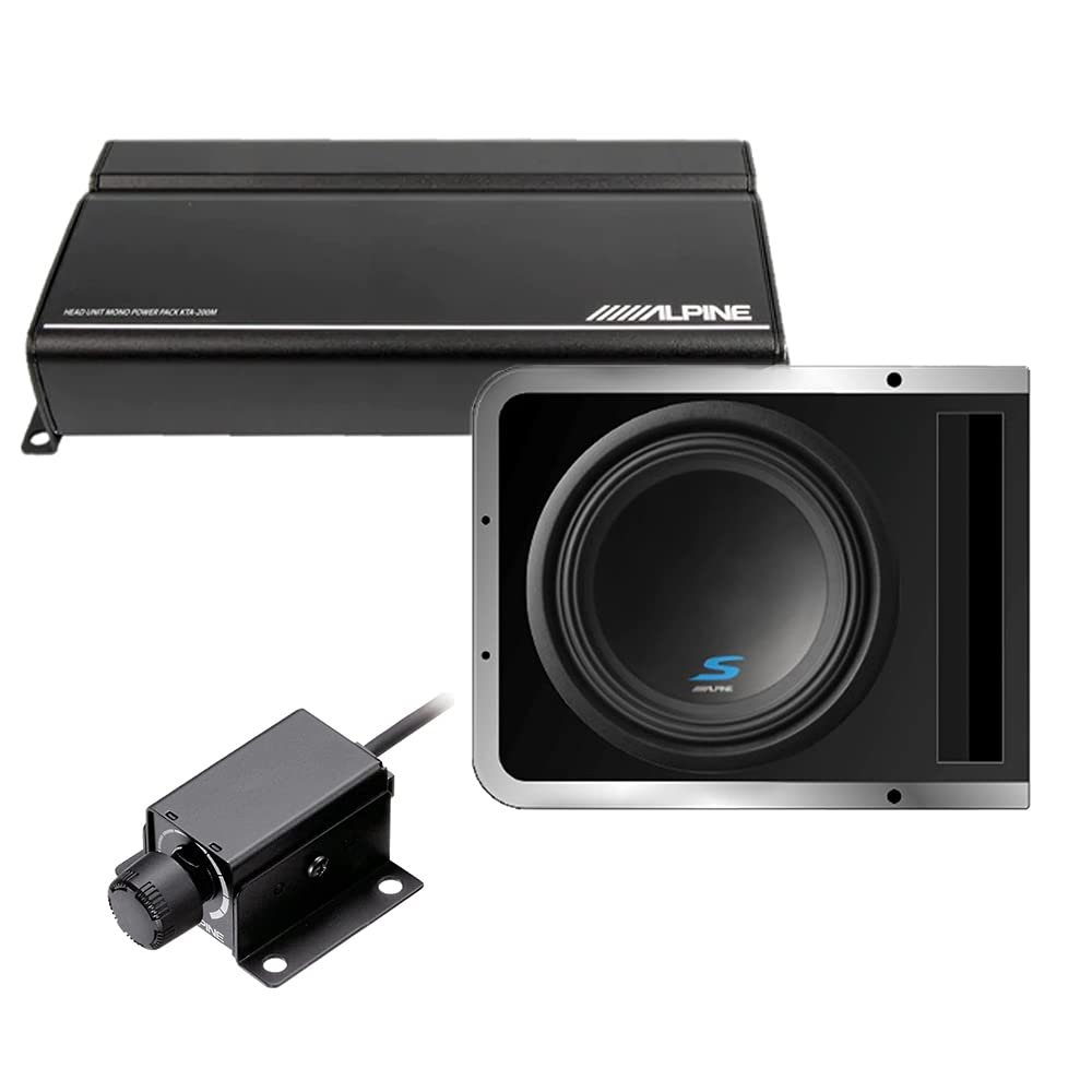Alpine KTA-200M Mono Power Pack Amplifier with S-SB10V 10 Inch Subwoofer Enclosure and RUX-KNOB.2 Remote Bass Knob