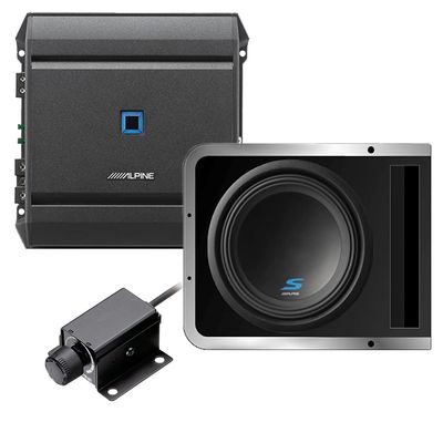 Alpine S-A60M Mono Power Amplifier with S-SB12V 12 Inch Subwoofer Enclosure and RUX-KNOB.2 Remote Bass Knob