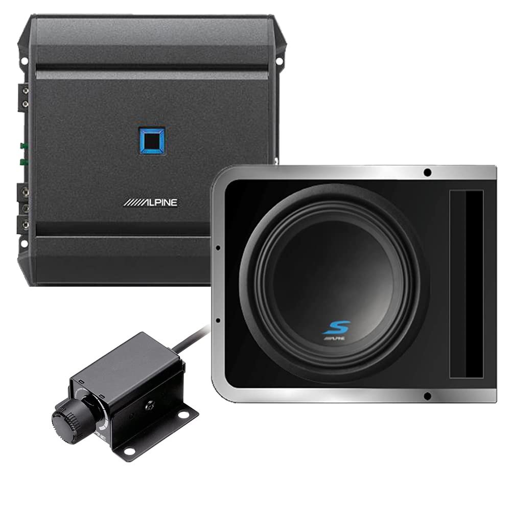 Alpine S-A60M Mono Power Amplifier with S-SB12V 12 Inch Subwoofer Enclosure and RUX-KNOB.2 Remote Bass Knob