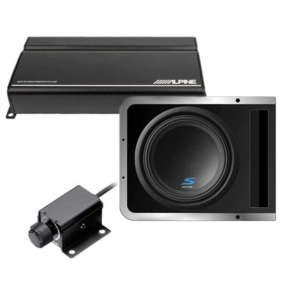 Alpine KTA-200M Mono Power Pack Amplifier with S-SB12V 12 Inch Subwoofer Enclosure and RUX-KNOB.2 Remote Bass Knob