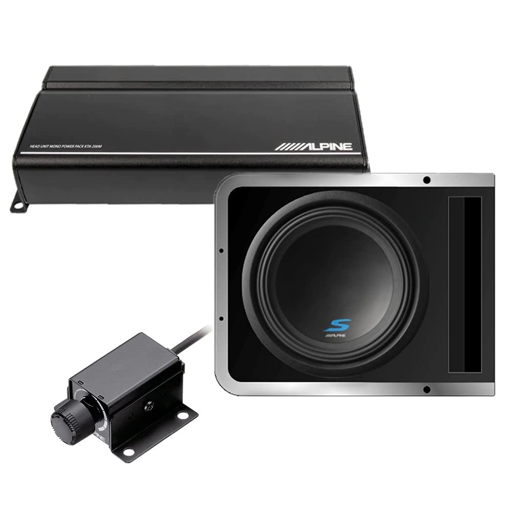 Alpine KTA-200M Mono Power Pack Amplifier with S-SB12V 12 Inch Subwoofer Enclosure and RUX-KNOB.2 Remote Bass Knob