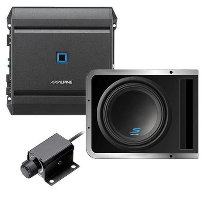 Alpine S-A60M Mono Power Amplifier with S-SB10V 10 Inch Subwoofer Enclosure and RUX-KNOB.2 Remote Bass Knob