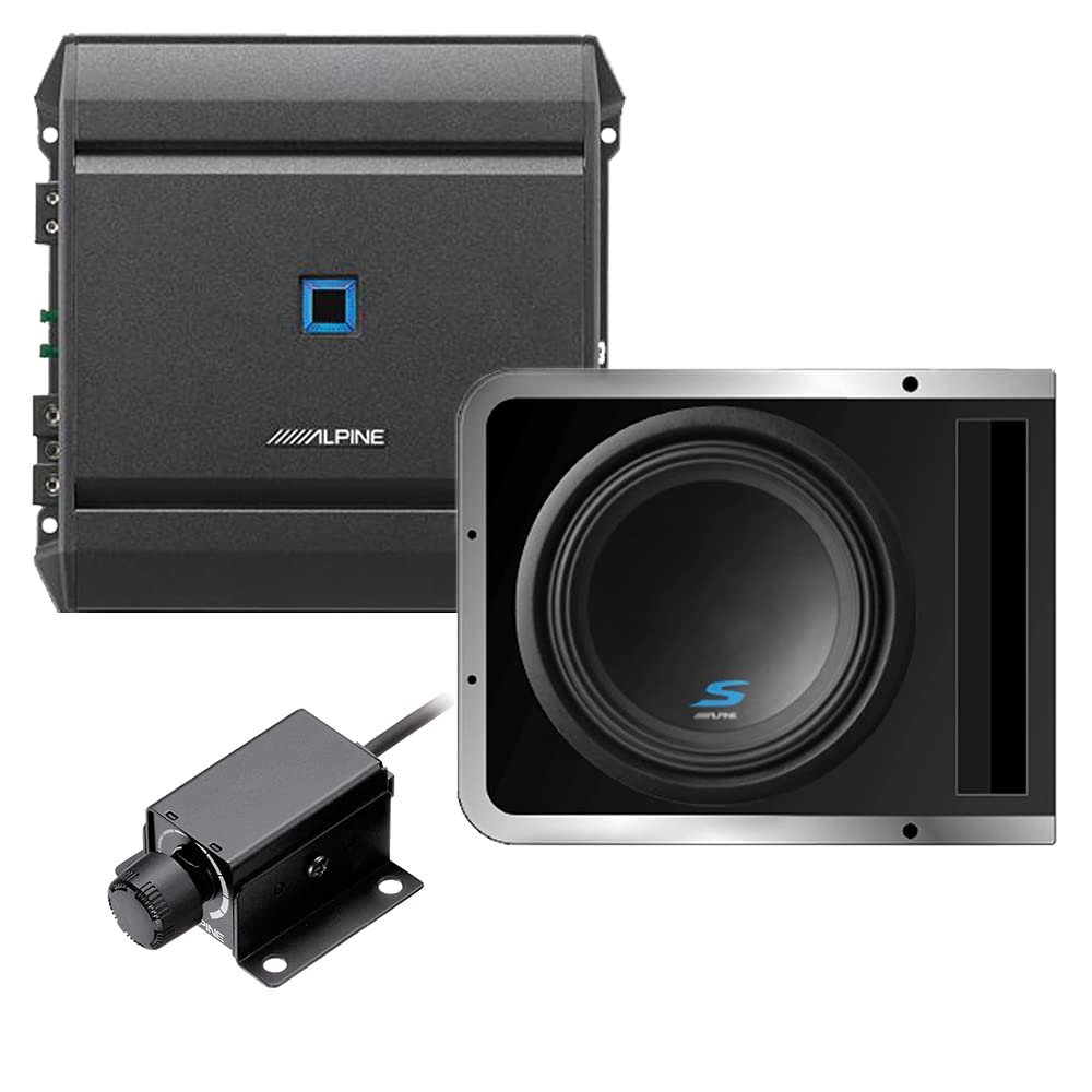 Alpine S-A60M Mono Power Amplifier with S-SB10V 10 Inch Subwoofer Enclosure and RUX-KNOB.2 Remote Bass Knob