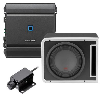 DIAS Alpine S-A60M Mono Power Amplifier with R-SB10V 10 Inch Subwoofer Enclosure and RUX-KNOB.2 Remote Bass Knob