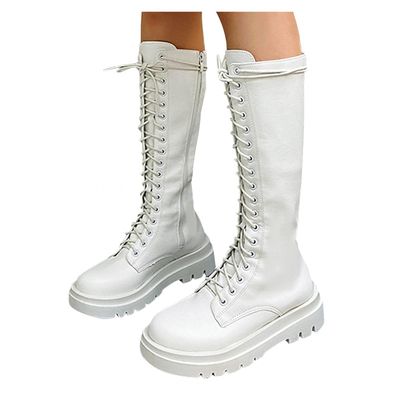 Bcshiye Women's Knee High Riding Combat Boots Winter Lace up Mid Calf Combat Riding Military Boots Leather Winter Booties