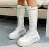 Bcshiye Women's Knee High Riding Combat Boots Winter Lace up Mid Calf Combat Riding Military Boots Leather Winter Booties view 2
