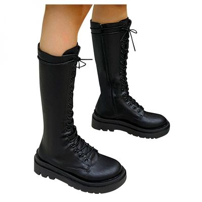 Bcshiye Women's Knee High Riding Combat Boots Winter Lace up Mid Calf Combat Riding Military Boots Leather Winter Booties