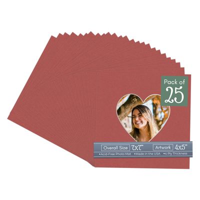 CountryArtHouse Brick Acid Free 7x7 Heart Picture Frame Mat with White Core Bevel Cut for 4x5 Pictures - Fits 7x7 Frame