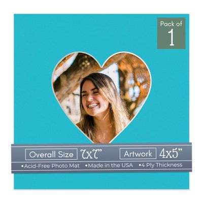 CountryArtHouse Aquamarine Acid Free 7x7 Heart Picture Frame Mat with White Core Bevel Cut for 4x5 Pictures - Fits 7x7 Frame