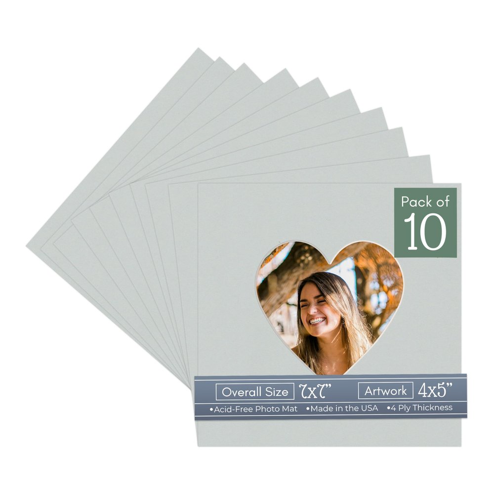 CountryArtHouse Grey Acid Free 7x7 Heart Picture Frame Mat with White Core Bevel Cut for 4x5 Pictures - Fits 7x7 Frame