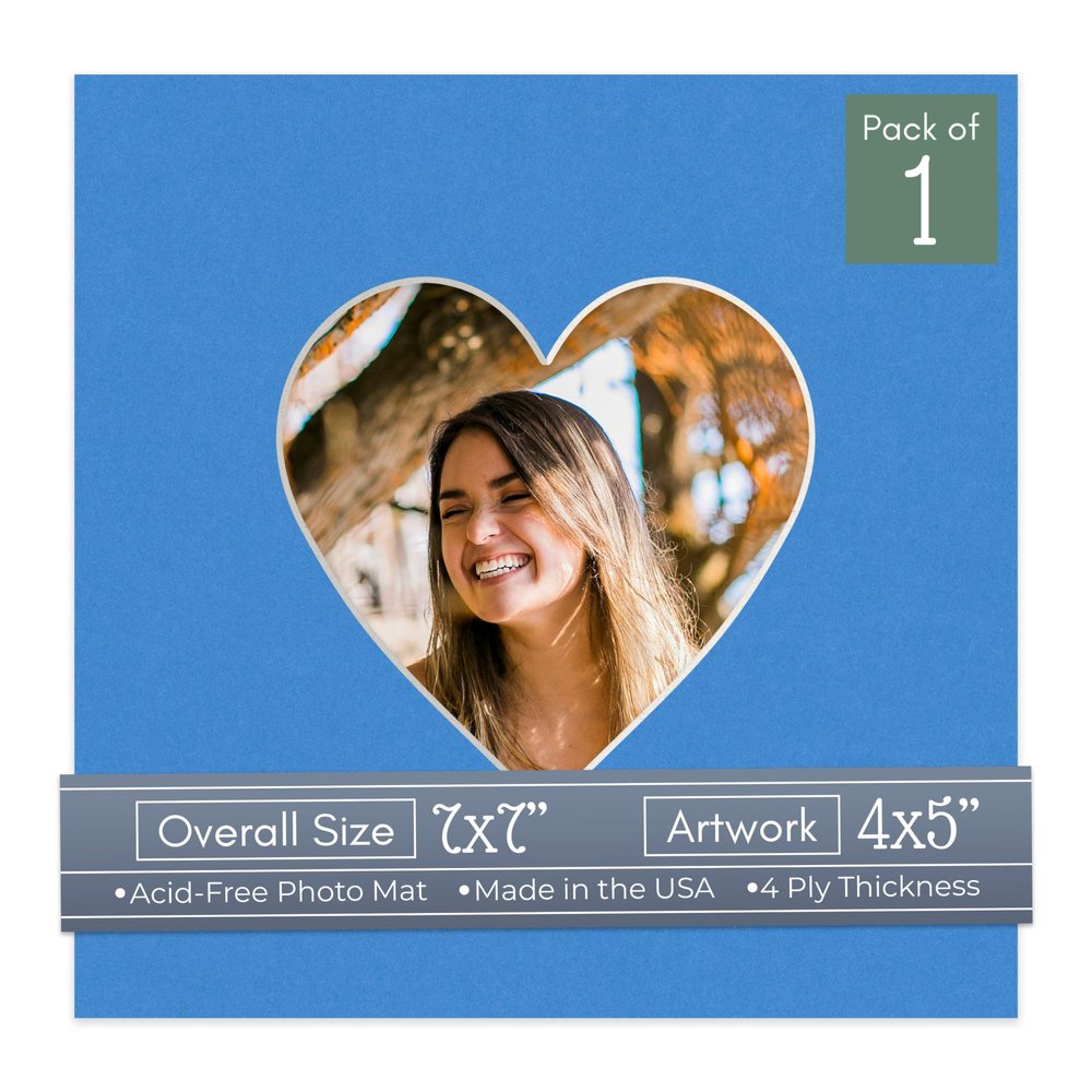 CountryArtHouse Bay Blue Acid Free 7x7 Heart Picture Frame Mat with White Core Bevel Cut for 4x5 Pictures - Fits 7x7 Frame