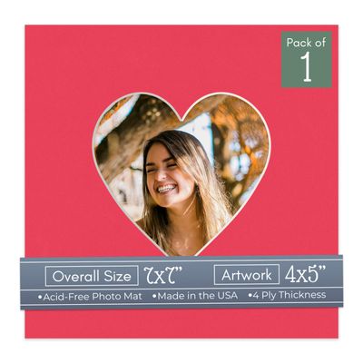 CountryArtHouse Cardinal Acid Free 7x7 Heart Picture Frame Mat with White Core Bevel Cut for 4x5 Pictures - Fits 7x7 Frame