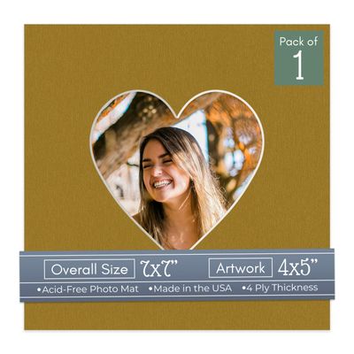 CountryArtHouse Metallic Gold Acid Free 7x7 Heart Picture Frame Mat with White Core Bevel Cut for 4x5 Pictures - Fits 7x7 Frame