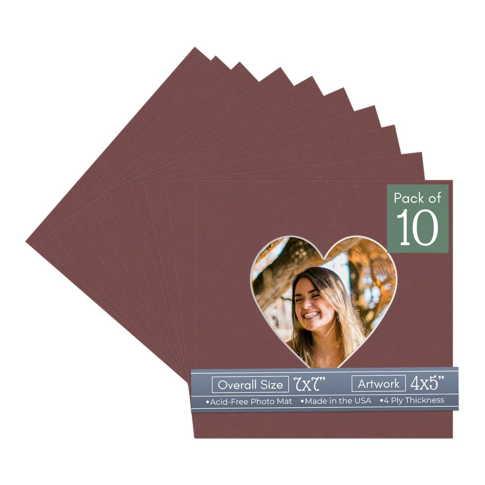CountryArtHouse Maroon Acid Free 7x7 Heart Picture Frame Mat with White Core Bevel Cut for 4x5 Pictures - Fits 7x7 Frame