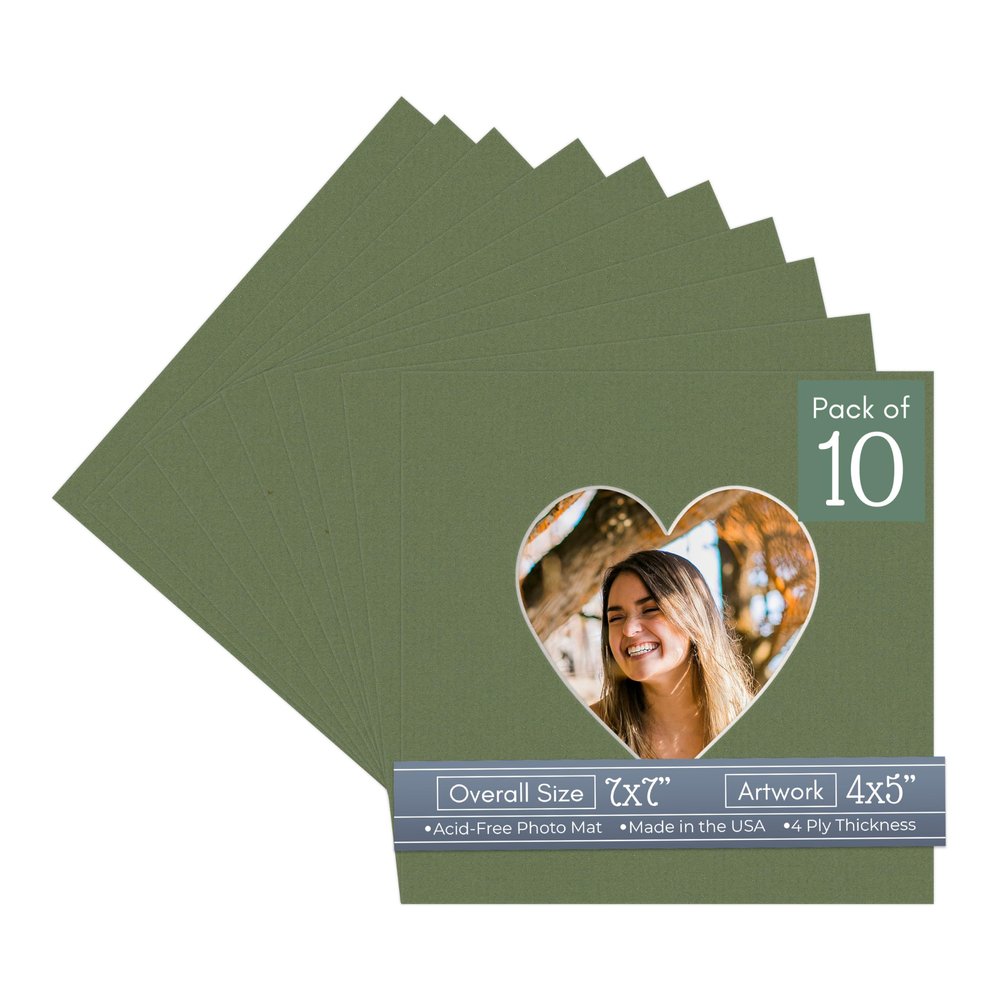 CountryArtHouse Dill Acid Free 7x7 Heart Picture Frame Mat with White Core Bevel Cut for 4x5 Pictures - Fits 7x7 Frame
