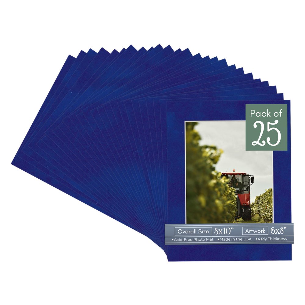 CountryArtHouse Royal Blue Suede Acid Free 8x10 Picture Frame Mats with White Core Bevel Cut for 6x8 Pictures - Fits 8x10 Frame - Pack of 25 Mats - With Bags & Backings