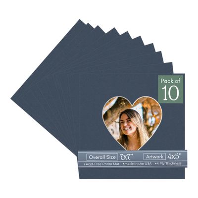 CountryArtHouse Navy Blue Acid Free 7x7 Heart Picture Frame Mat with White Core Bevel Cut for 4x5 Pictures - Fits 7x7 Frame