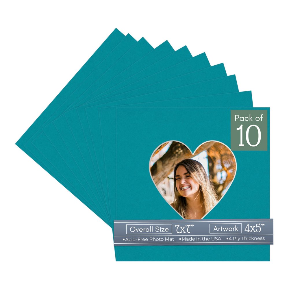 CountryArtHouse Teal Acid Free 7x7 Heart Picture Frame Mat with White Core Bevel Cut for 4x5 Pictures - Fits 7x7 Frame