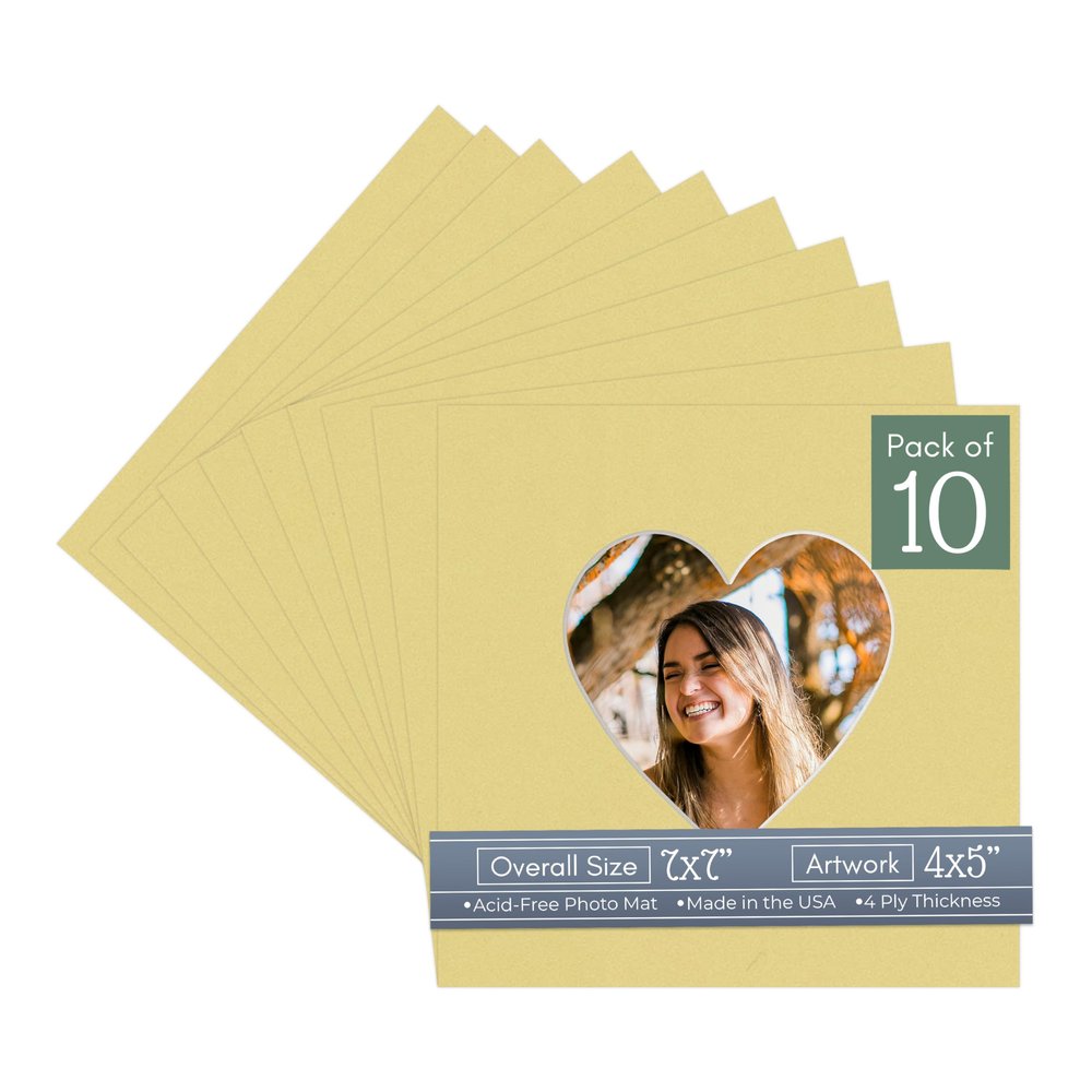 CountryArtHouse Soft Yellow Acid Free 7x7 Heart Picture Frame Mat with White Core Bevel Cut for 4x5 Pictures - Fits 7x7 Frame