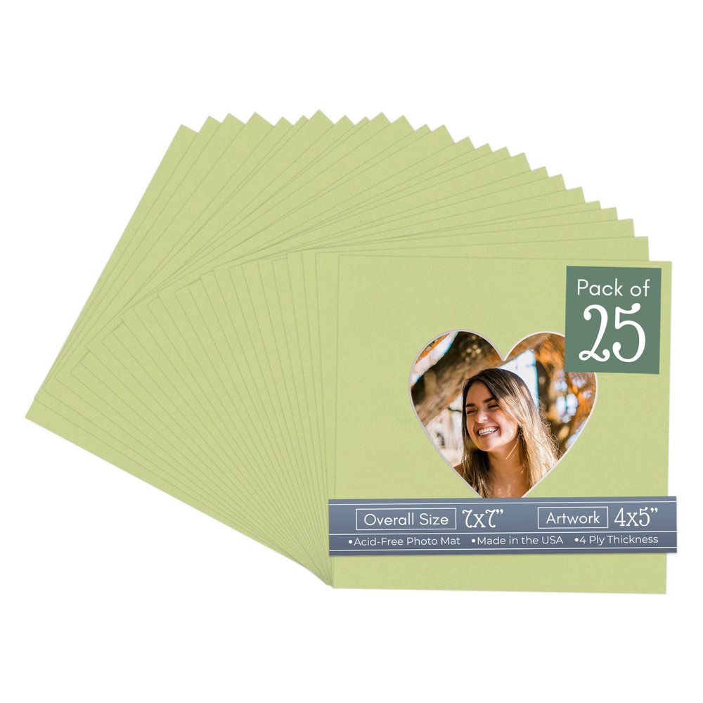 CountryArtHouse Pistachio Acid Free 7x7 Heart Picture Frame Mat with White Core Bevel Cut for 4x5 Pictures - Fits 7x7 Frame
