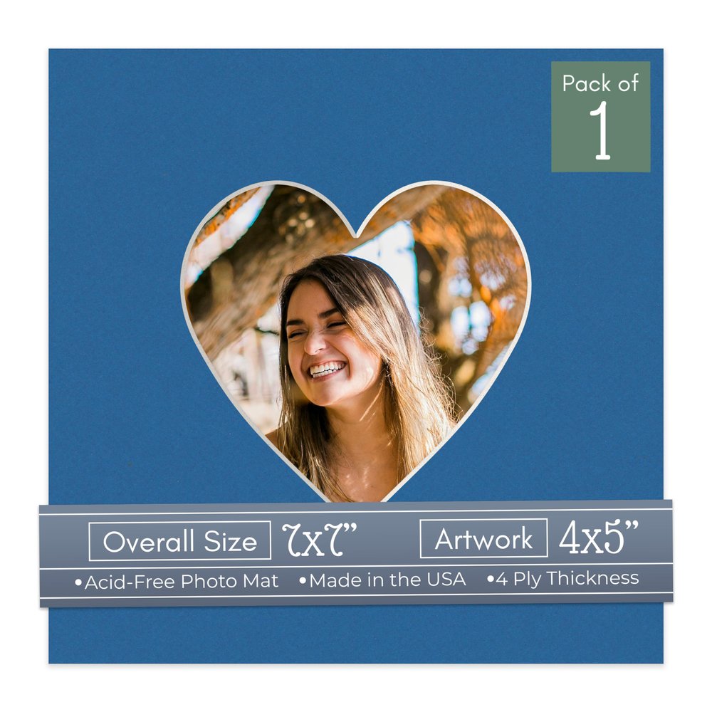 CountryArtHouse Royal Blue Acid Free 7x7 Heart Picture Frame Mat with White Core Bevel Cut for 4x5 Pictures - Fits 7x7 Frame