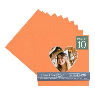 CountryArtHouse Orange Acid Free 7x7 Heart Picture Frame Mat with White Core Bevel Cut for 4x5 Pictures - Fits 7x7 Frame