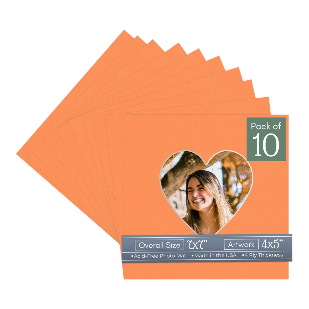 CountryArtHouse Orange Acid Free 7x7 Heart Picture Frame Mat with White Core Bevel Cut for 4x5 Pictures - Fits 7x7 Frame