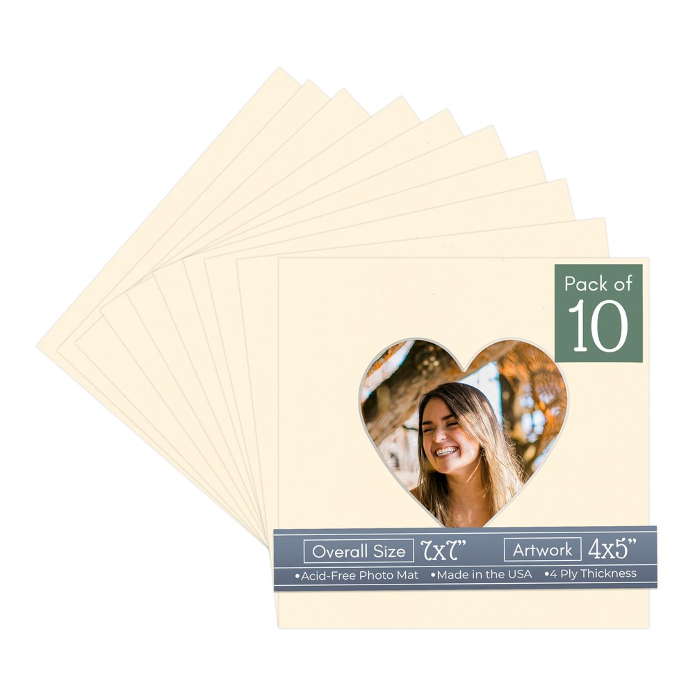 CountryArtHouse Cream Acid Free 7x7 Heart Picture Frame Mat with White Core Bevel Cut for 4x5 Pictures - Fits 7x7 Frame