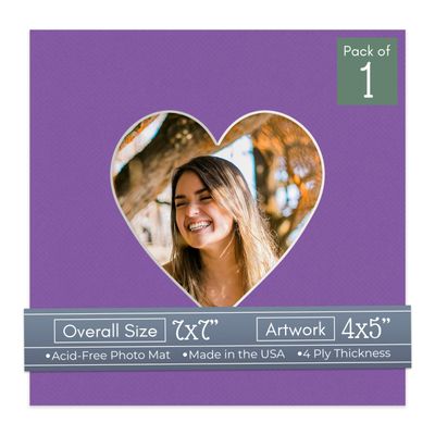 CountryArtHouse Purple Acid Free 7x7 Heart Picture Frame Mat with White Core Bevel Cut for 4x5 Pictures - Fits 7x7 Frame