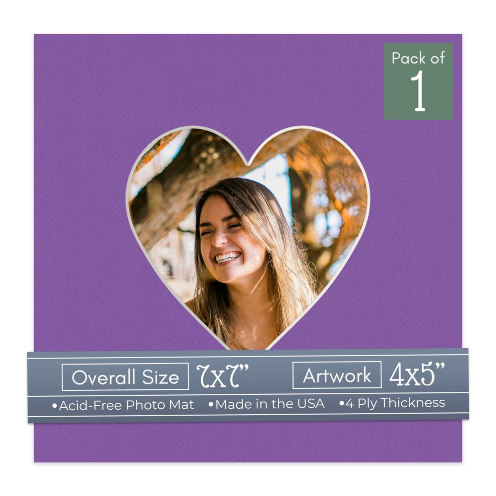 CountryArtHouse Purple Acid Free 7x7 Heart Picture Frame Mat with White Core Bevel Cut for 4x5 Pictures - Fits 7x7 Frame
