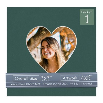CountryArtHouse Forest Green Acid Free 7x7 Heart Picture Frame Mat with White Core Bevel Cut for 4x5 Pictures - Fits 7x7 Frame