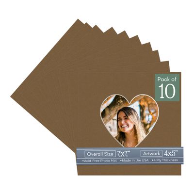 CountryArtHouse Aged Oak Acid Free 7x7 Heart Picture Frame Mat with White Core Bevel Cut for 4x5 Pictures - Fits 7x7 Frame