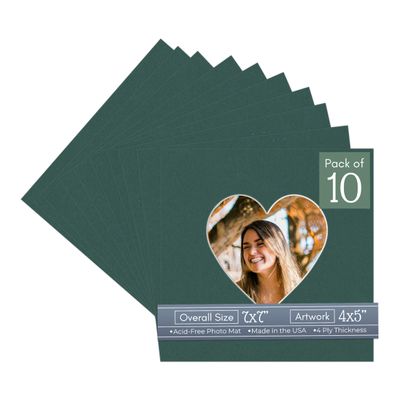 CountryArtHouse Forest Green Acid Free 7x7 Heart Picture Frame Mat with White Core Bevel Cut for 4x5 Pictures - Fits 7x7 Frame