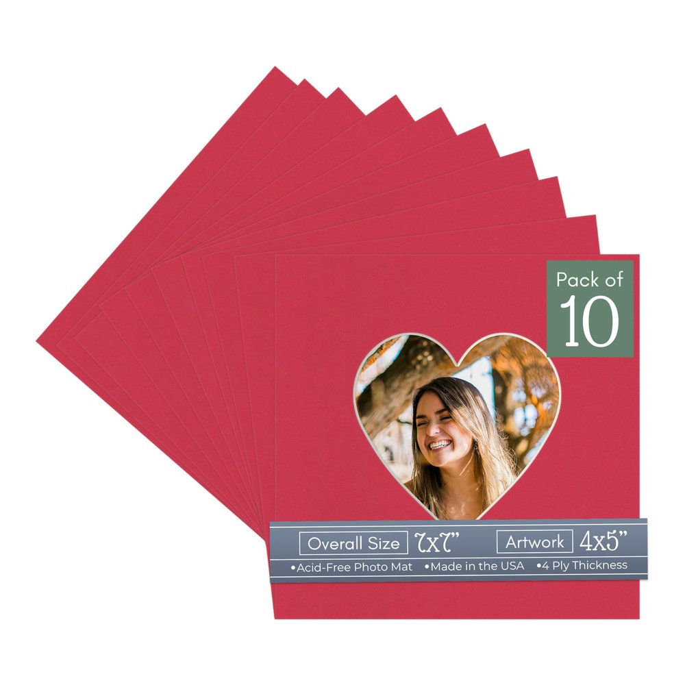 CountryArtHouse Deep Red Acid Free 7x7 Heart Picture Frame Mat with White Core Bevel Cut for 4x5 Pictures - Fits 7x7 Frame