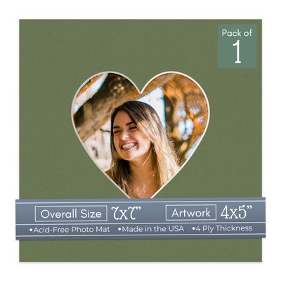 CountryArtHouse Dill Acid Free 7x7 Heart Picture Frame Mat with White Core Bevel Cut for 4x5 Pictures - Fits 7x7 Frame
