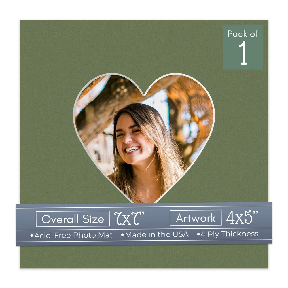 CountryArtHouse Dill Acid Free 7x7 Heart Picture Frame Mat with White Core Bevel Cut for 4x5 Pictures - Fits 7x7 Frame