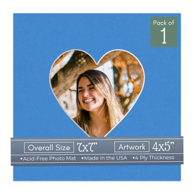 CountryArtHouse Bay Blue Acid Free 7x7 Heart Picture Frame Mat with White Core Bevel Cut for 4x5 Pictures - Fits 7x7 Frame