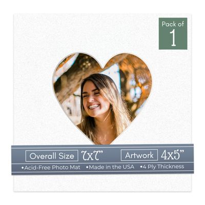 CountryArtHouse Oyster Shell Acid Free 7x7 Heart Picture Frame Mat with White Core Bevel Cut for 4x5 Pictures - Fits 7x7 Frame
