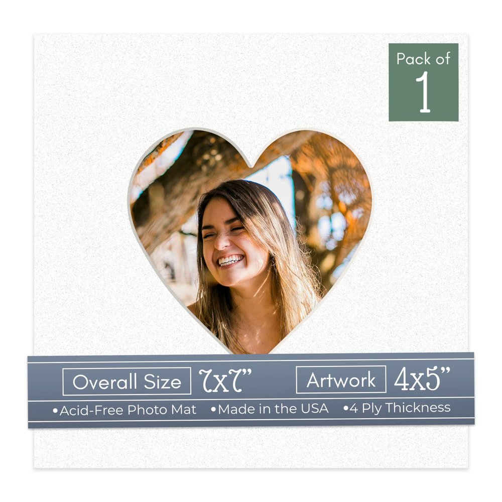 CountryArtHouse Oyster Shell Acid Free 7x7 Heart Picture Frame Mat with White Core Bevel Cut for 4x5 Pictures - Fits 7x7 Frame