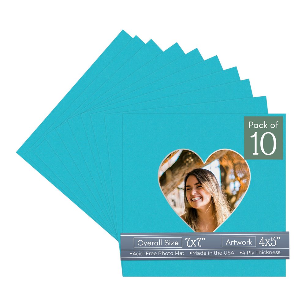 CountryArtHouse Aquamarine Acid Free 7x7 Heart Picture Frame Mat with White Core Bevel Cut for 4x5 Pictures - Fits 7x7 Frame